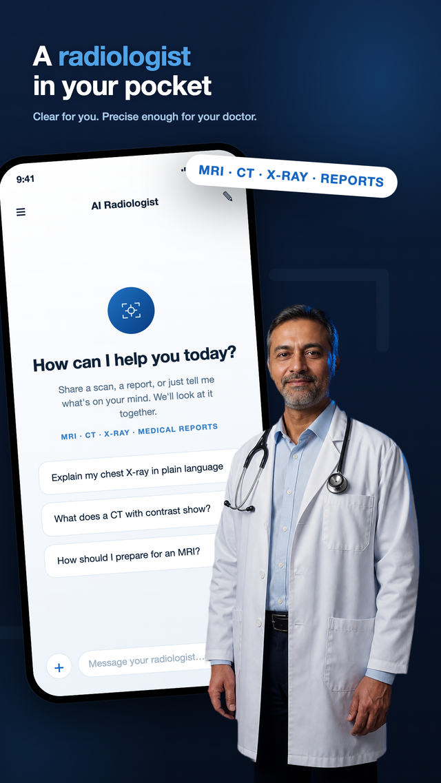 AI Radiologist app, home screen with a doctor
